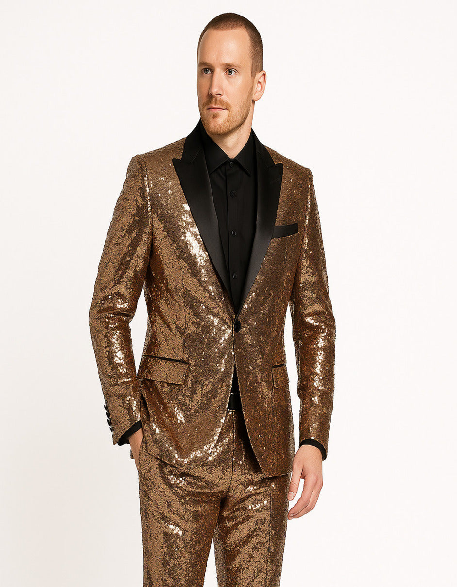 Luxury Rose Gold Sequin Tuxedo Suit for Men – Black Satin Lapel, Perfect for Events & Parties