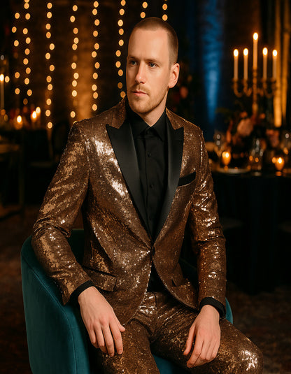 Luxury Rose Gold Sequin Tuxedo Suit for Men  Black Satin Lapel, Perfect for Events & Parties