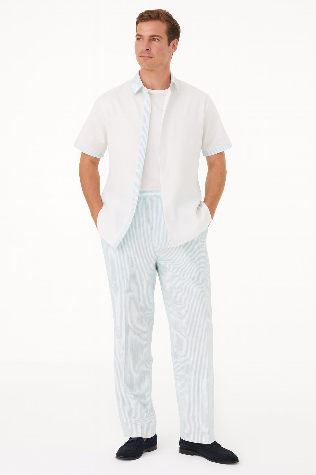 Mens Sky Blue Two-Piece Short Sleeve Shirt and Pants Set  Casual Summer Outfit