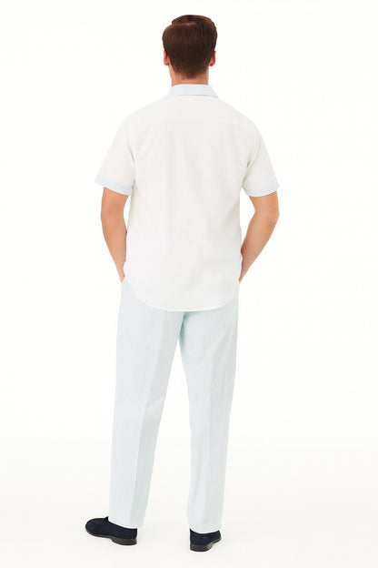 Mens Sky Blue Two-Piece Short Sleeve Shirt and Pants Set  Casual Summer Outfit