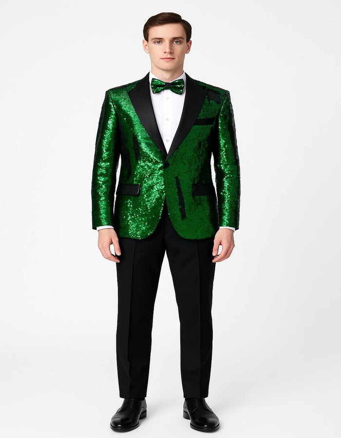 Men's Green Sequin Tuxedo Jacket with Black Satin Lapel and Bow Tie  Sparkling Party and Stage Blazer By Alberto Nardoni