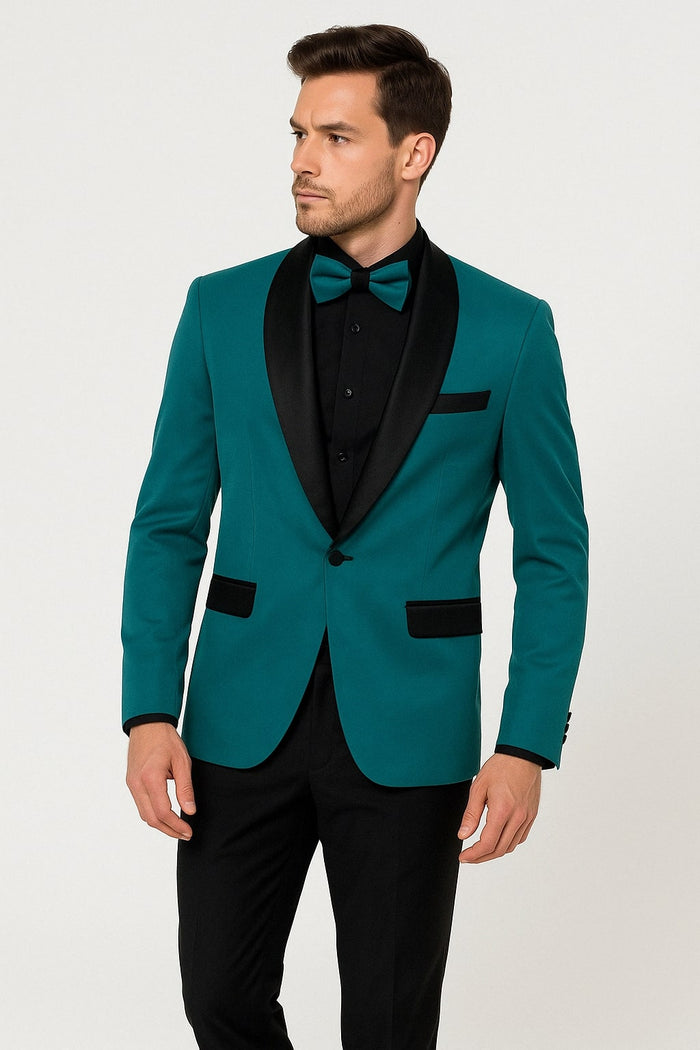 Men's Teal Blue Velvet Tuxedo with Black Satin Lapel and Bow Tie  Black Pants