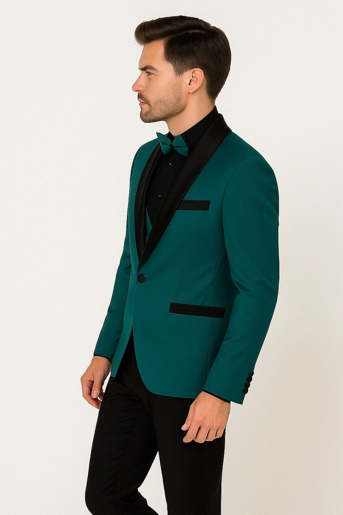 Men's Teal Blue Velvet Tuxedo with Black Satin Lapel and Bow Tie  Black Pants