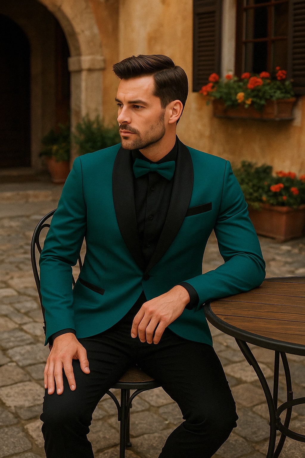 Men's Teal Blue Velvet Tuxedo with Black Satin Lapel and Bow Tie  Black Pants