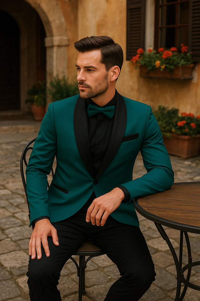Men's Teal Blue Velvet Tuxedo with Black Satin Lapel and Bow Tie  Black Pants