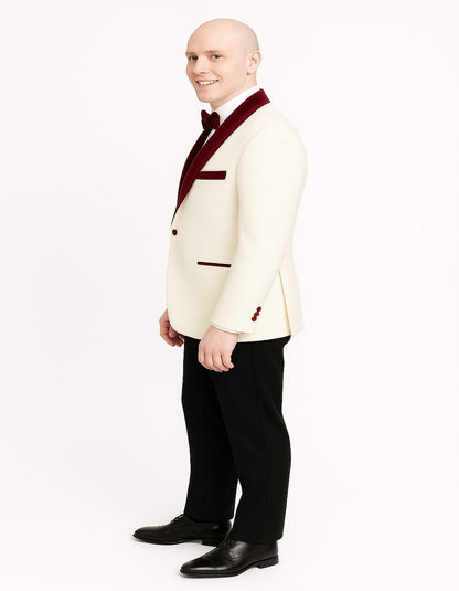 Mens White Floral Tuxedo Jacket with Burgundy Velvet Shawl Lapel  Wedding, Prom, and Formal Event Suit