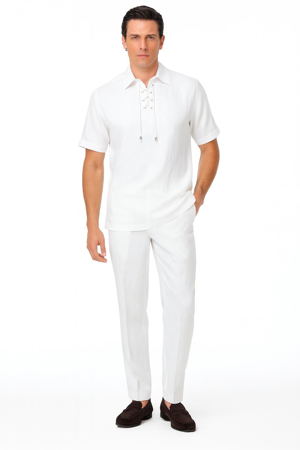 Mens White Lace-Up Shirt and Pants Set  Casual Summer Two-Piece Outfit
