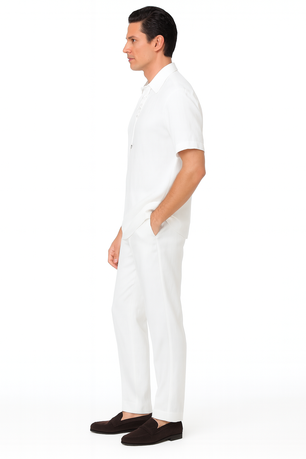 Mens White Lace-Up Shirt and Pants Set  Casual Summer Two-Piece Outfit