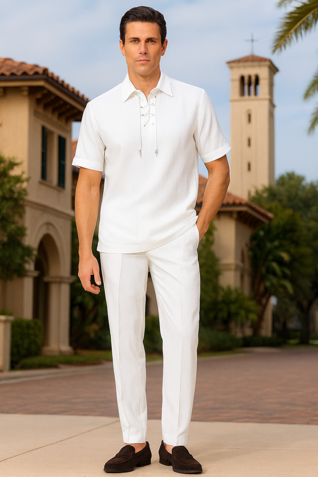 Mens White Lace-Up Shirt and Pants Set  Casual Summer Two-Piece Outfit