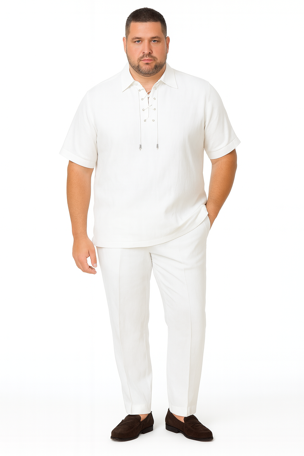 Mens White Lace-Up Shirt and Pants Set  Casual Summer Two-Piece Outfit