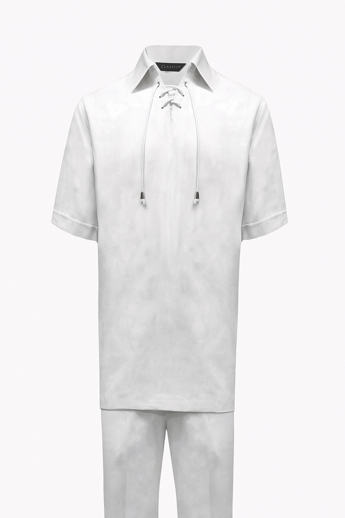Mens White Lace-Up Shirt and Pants Set  Casual Summer Two-Piece Outfit