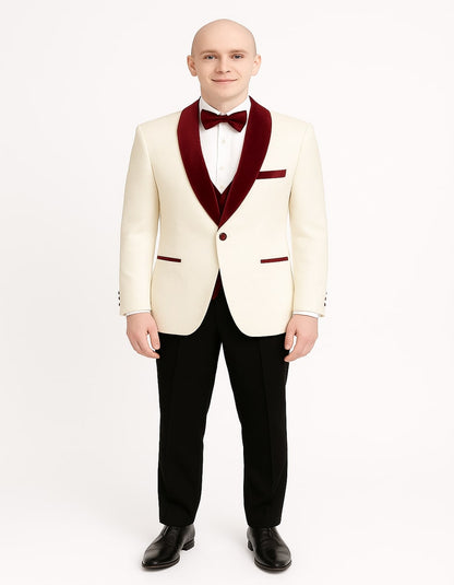Mens White Floral Tuxedo Jacket with Burgundy Velvet Shawl Lapel  Wedding, Prom, and Formal Event Suit