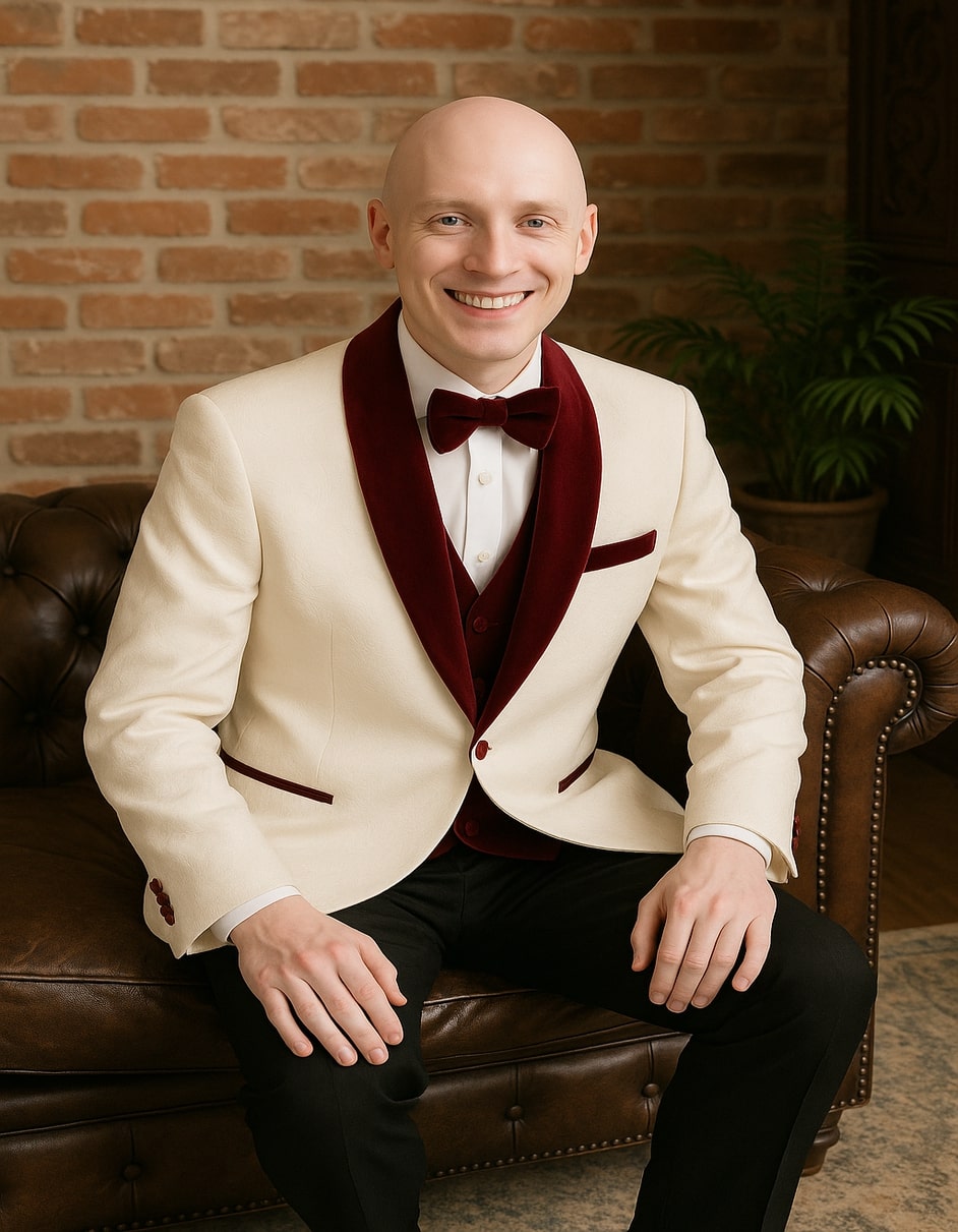 Mens White Floral Tuxedo Jacket with Burgundy Velvet Shawl Lapel  Wedding, Prom, and Formal Event Suit