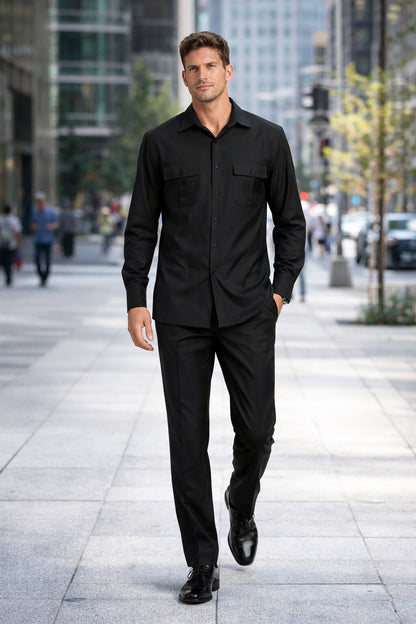 Mens Luxury Black Wool Two-Piece Leisure Walking Suit