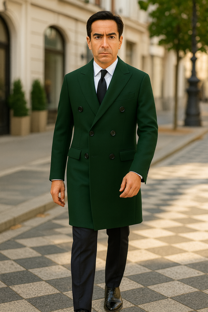 6 Button Dark Olive Green Long Overcoat Custom Prom Tuxedos