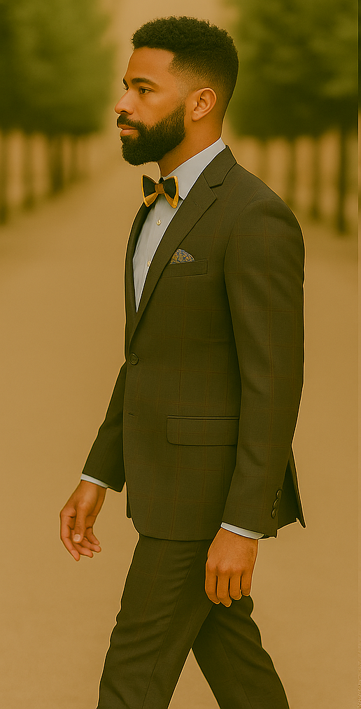 Men's Brown Plaid Slim Fit Suit by Rossiman Rossi ƒ?? Peak Lapel Jacket & Tapered Pants