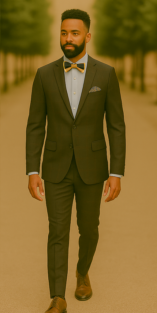 Men's Brown Plaid Slim Fit Suit by Rossiman Rossi ƒ?? Peak Lapel Jacket & Tapered Pants