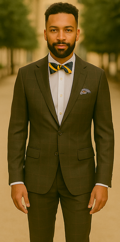 Men's Brown Plaid Slim Fit Suit by Rossiman Rossi ƒ?? Peak Lapel Jacket & Tapered Pants