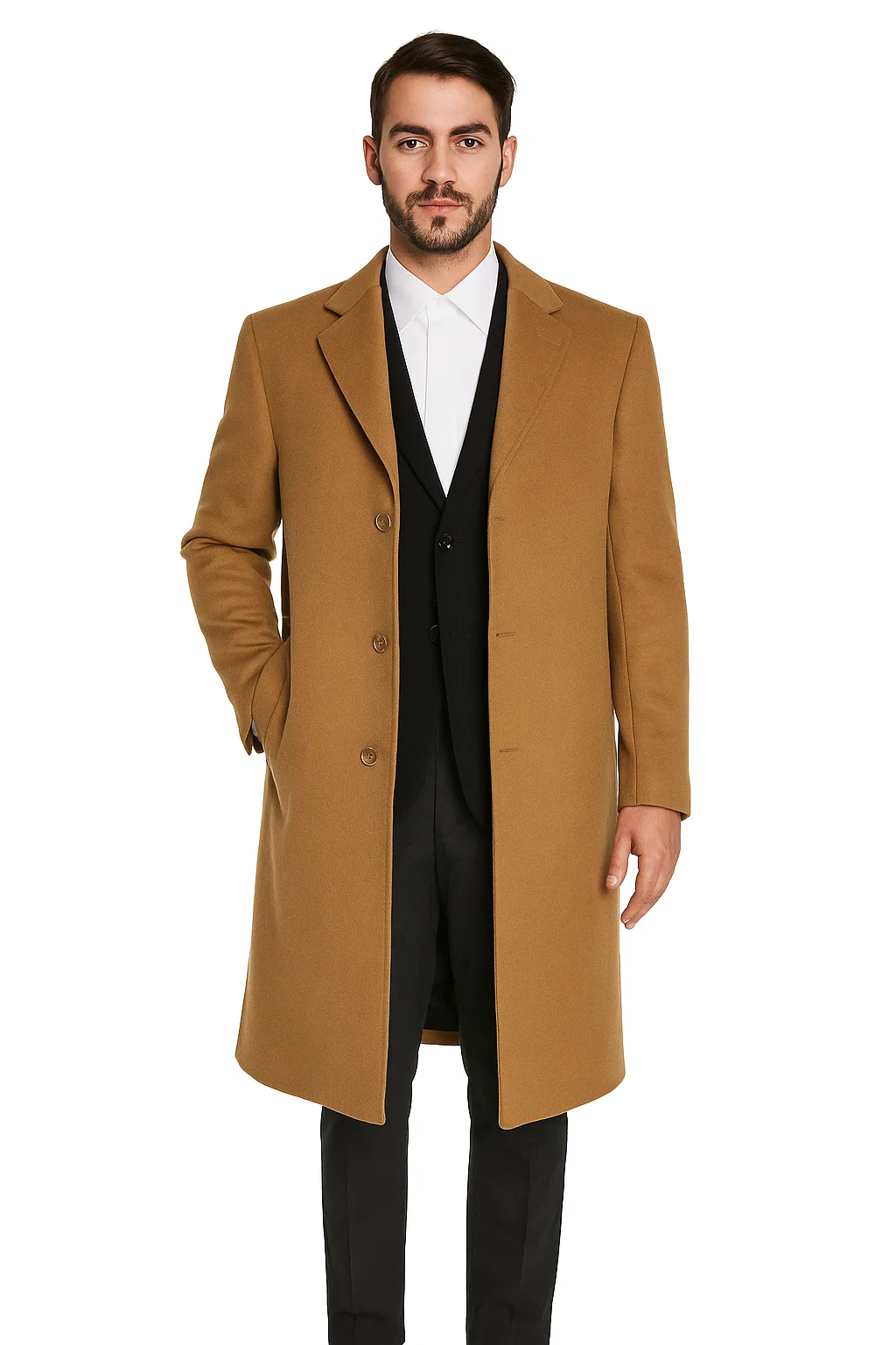 Mens Camel Overcoat  Classic Single Breasted Wool Long Coat with Peak Lapel