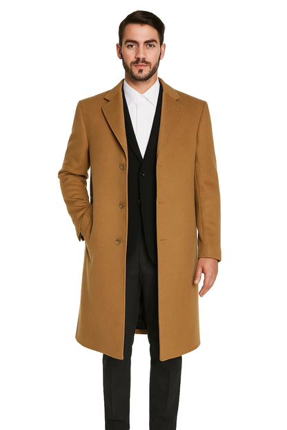 Mens Camel Overcoat  Classic Single Breasted Wool Long Coat with Peak Lapel