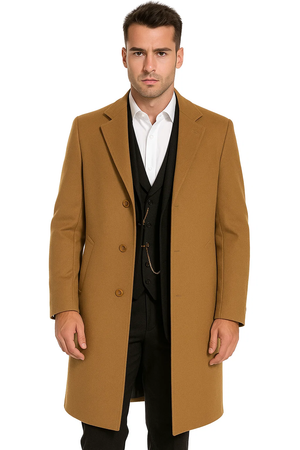 Mens Camel Overcoat  Classic Single Breasted Wool Long Coat with Peak Lapel