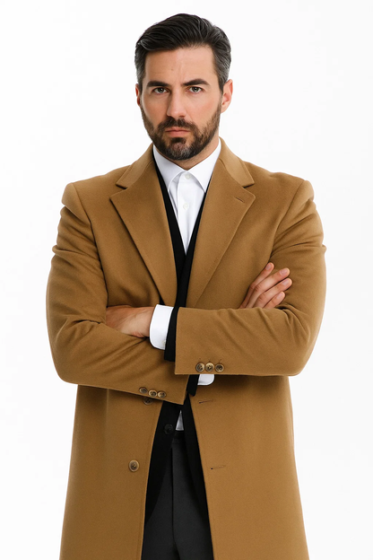 Mens Camel Overcoat  Classic Single Breasted Wool Long Coat with Peak Lapel