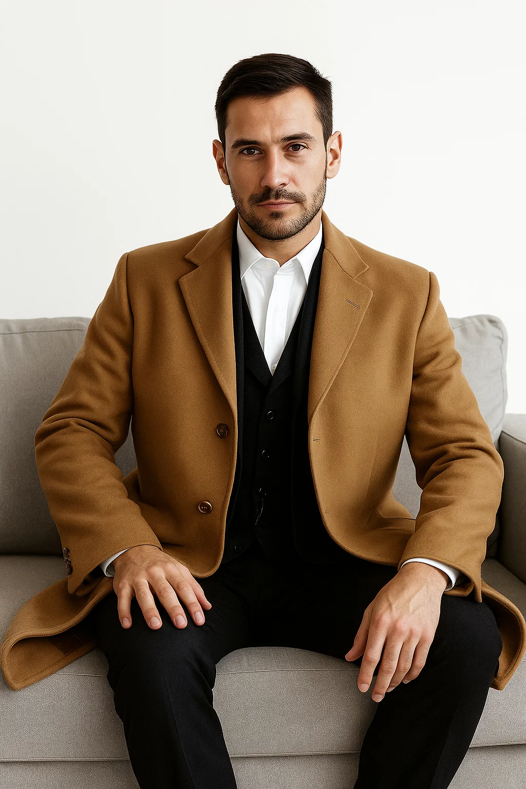 Mens Camel Overcoat  Classic Single Breasted Wool Long Coat with Peak Lapel