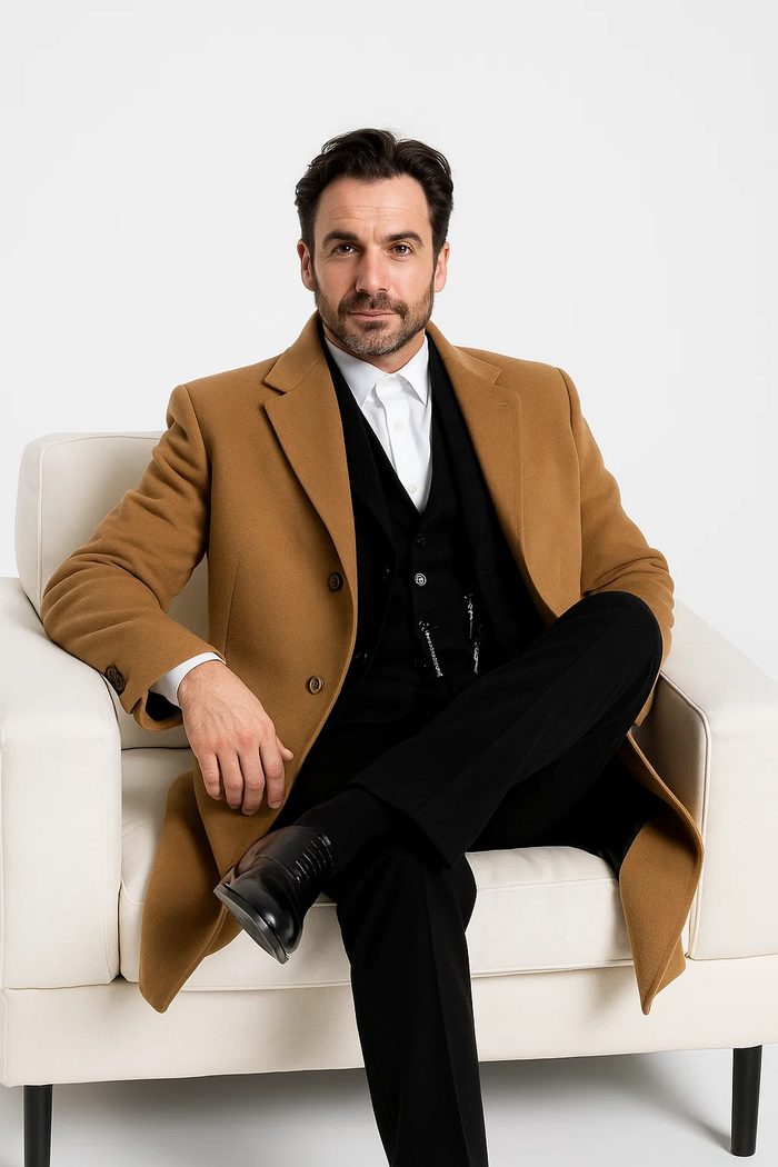 Mens Camel Overcoat  Classic Single Breasted Wool Long Coat with Peak Lapel