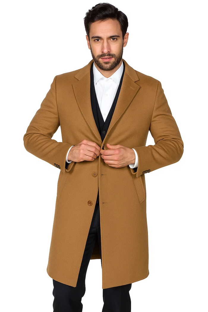 Mens Camel Overcoat  Classic Single Breasted Wool Long Coat with Peak Lapel