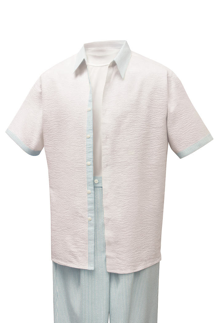 Men's Sky Blue Two-Piece Short Sleeve Shirt and Pants Set - Casual Summer Outfit