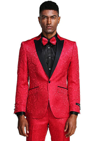 Men's One Button Slim Fit Paisely Wedding & Prom Tuxedo In Red - Men's Tuxedo USA