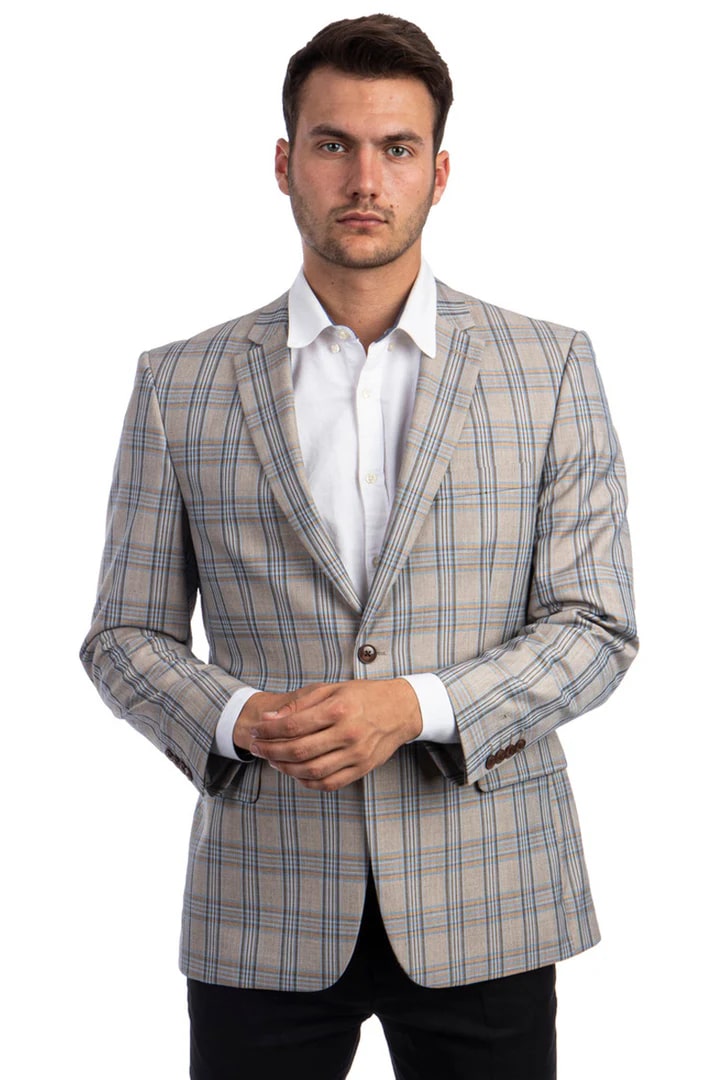 Saco vaquero - Western Sport Coat - Western Blazer- Men's Two Button Regular Fit Sport Coat In Tan, Blue, Gold Windowpane Plaid