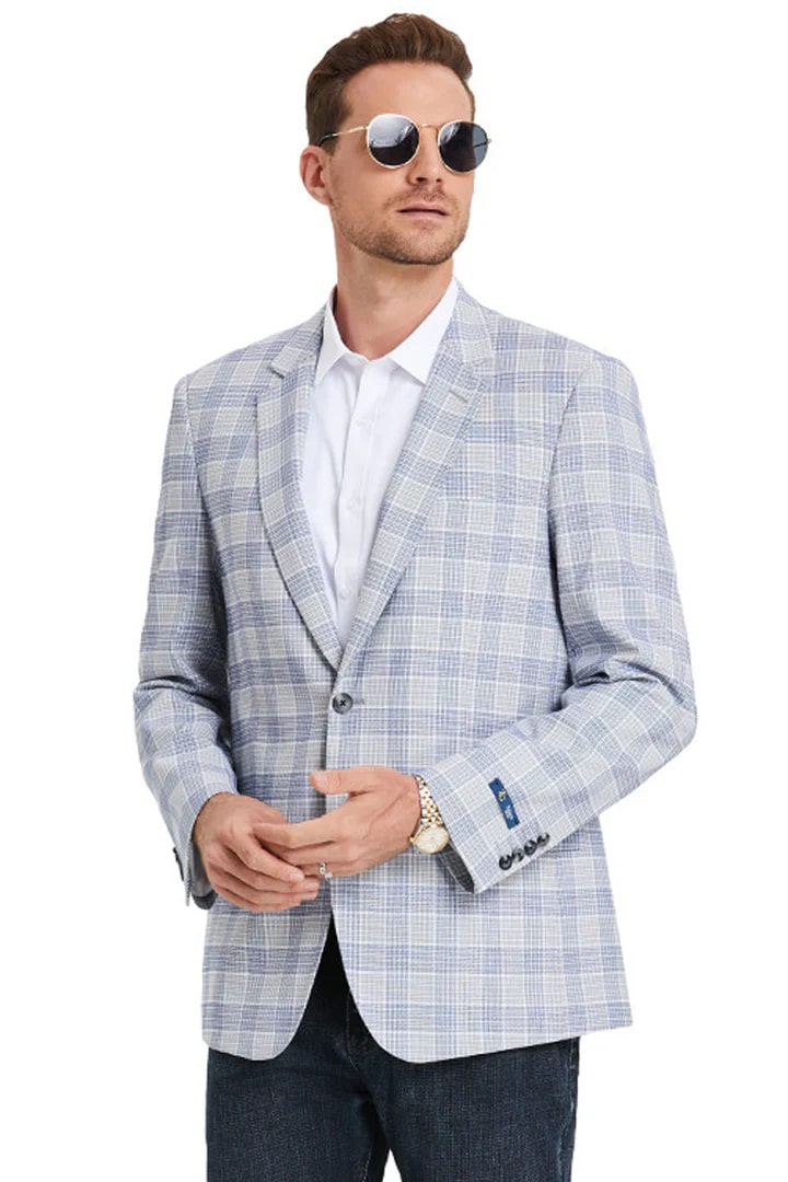 Saco vaquero - Western Sport Coat - Western Blazer - Men's Two Button Business Casual Glen Plaid Sports Coat In Grey & Blue