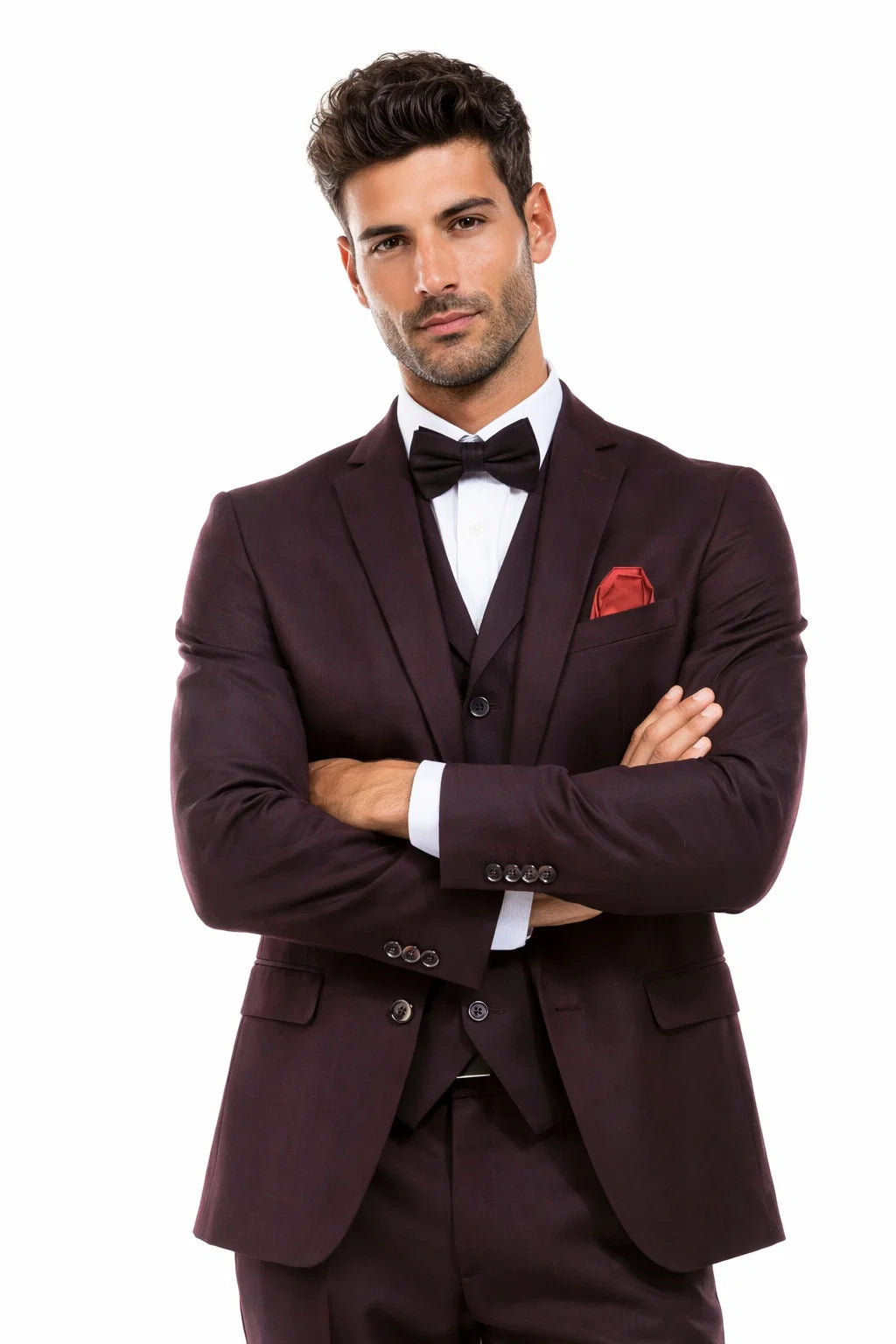 Men’s Two Button Vested Vintage Style Tweed Wedding Suit – Burgundy