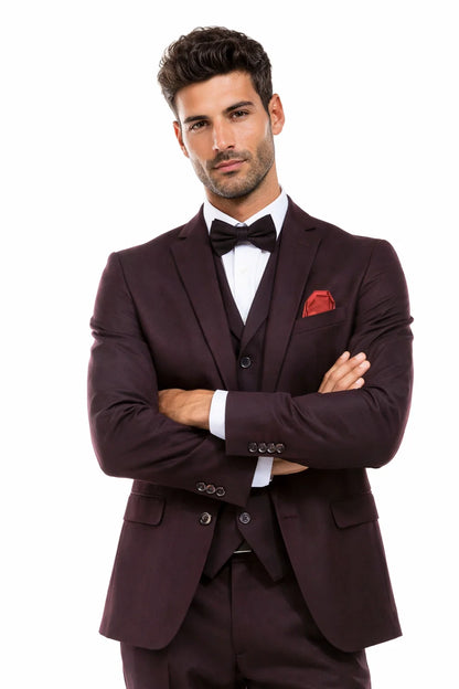 Men’s Two Button Vested Vintage Style Tweed Wedding Suit – Burgundy