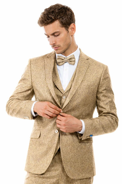 Men’s Two Button Vested Vintage Style Tweed Wedding Suit in Beige