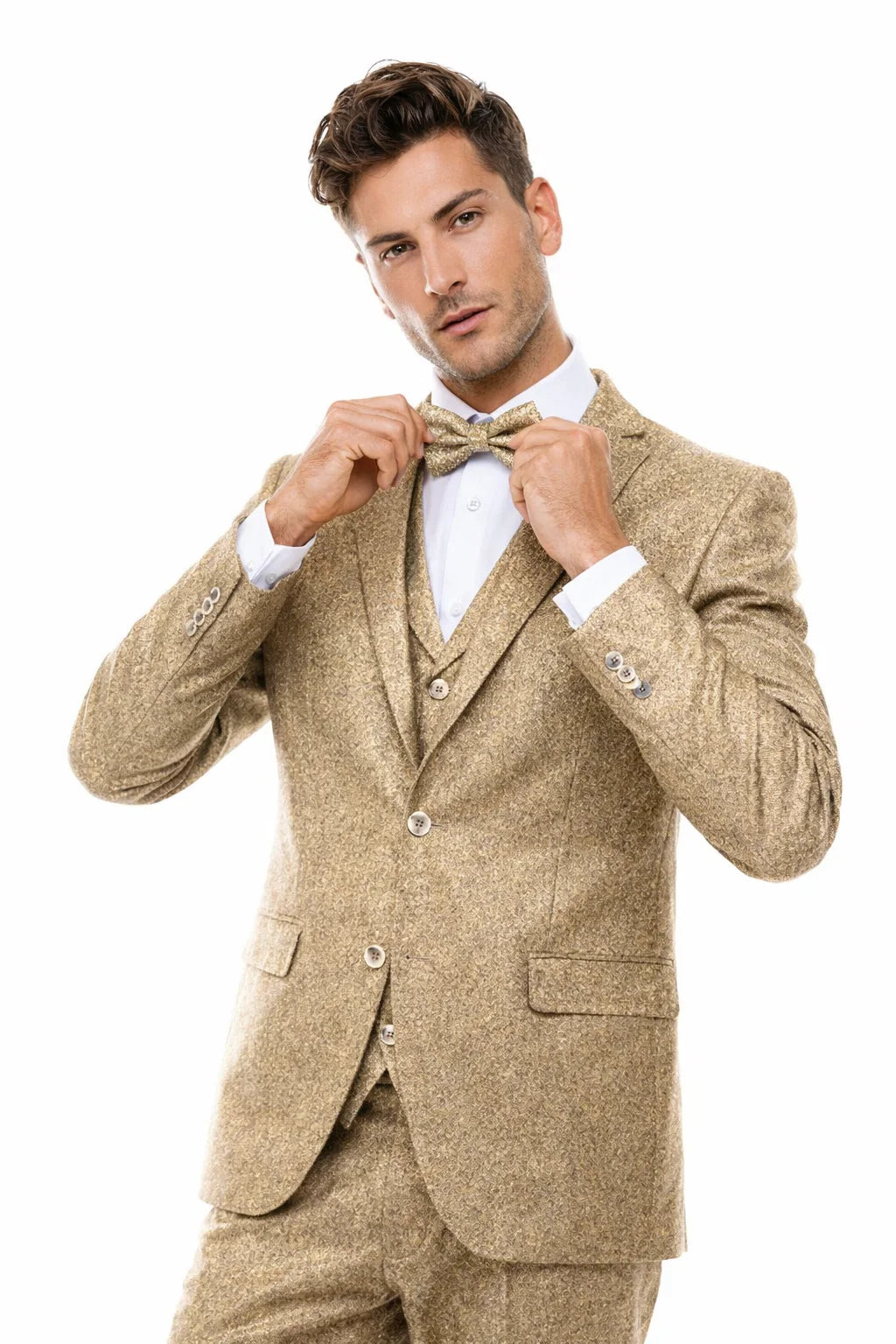 Men’s Two Button Vested Vintage Style Tweed Wedding Suit in Beige