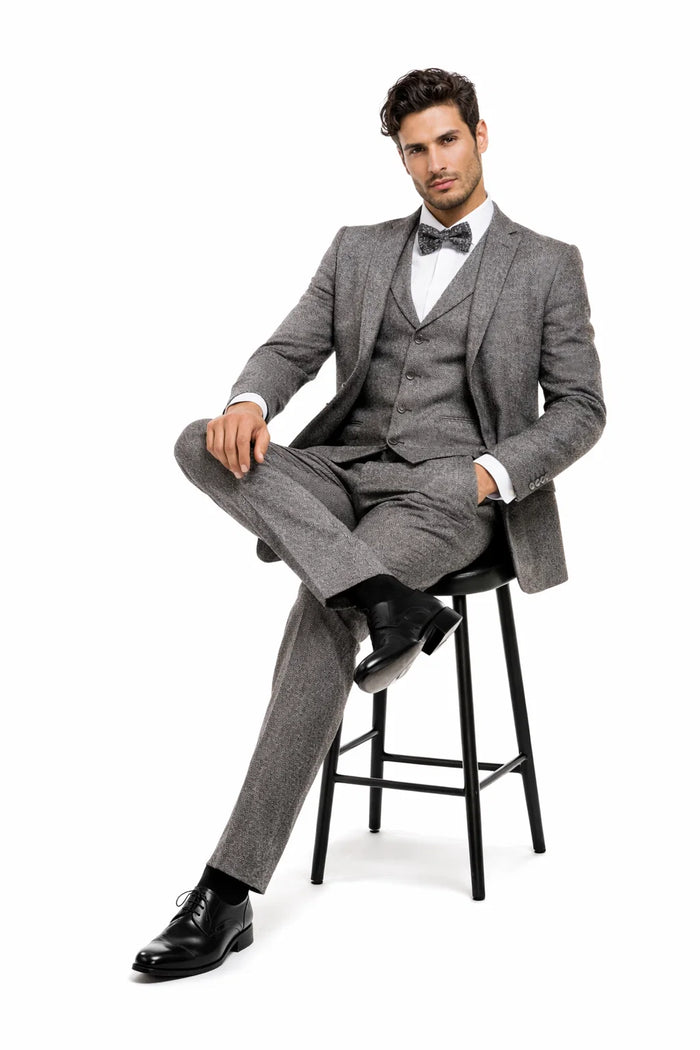 Men’s Two Button Vested Vintage Style Tweed Wedding Suit in Grey
