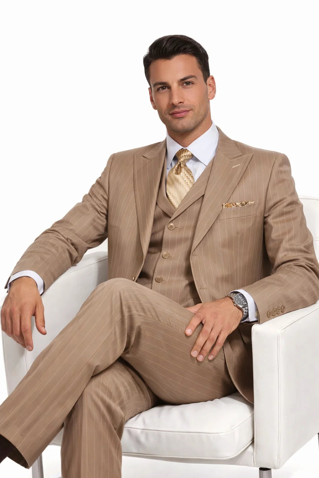 Men’s Vintage Vested Gangster Pinstripe Suit in Tan – 3 Piece Suit