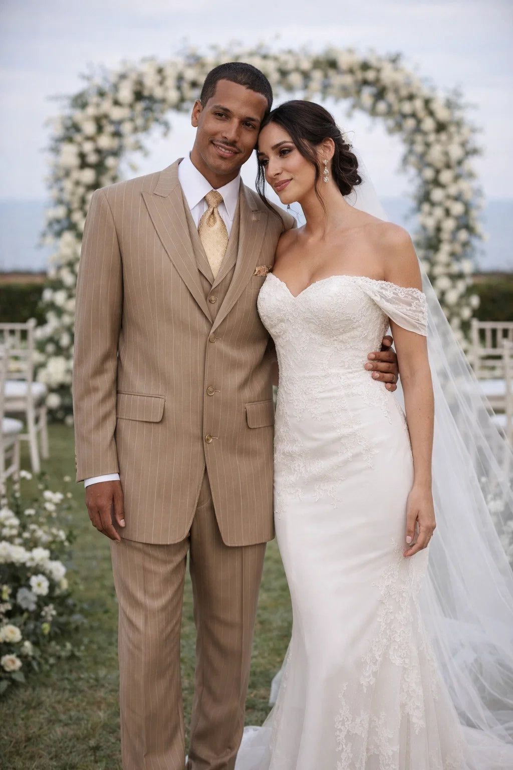 Men’s Vintage Vested Gangster Pinstripe Suit in Tan – 3 Piece Suit