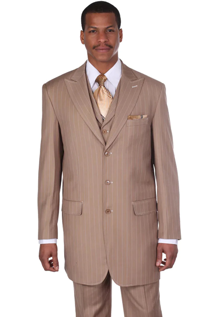 Men’s Vintage Vested Gangster Pinstripe Suit in Tan – 3 Piece Suit