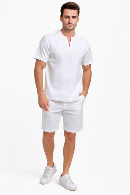 Mens White Embroidered Short Set  Casual Summer Outfit with V-Neck Shirt and Matching Shorts