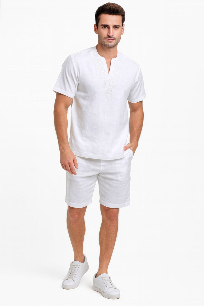 Men's White Embroidered Short Set - Casual Summer Outfit with V-Neck Shirt and Matching Shorts