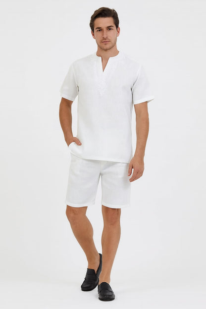 Mens White Embroidered Short Set  Casual Summer Outfit with V-Neck Shirt and Matching Shorts