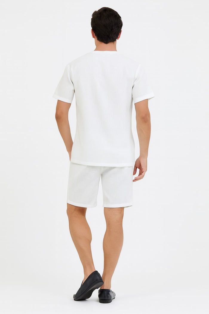 Men's White Embroidered Short Set - Casual Summer Outfit with V-Neck Shirt and Matching Shorts