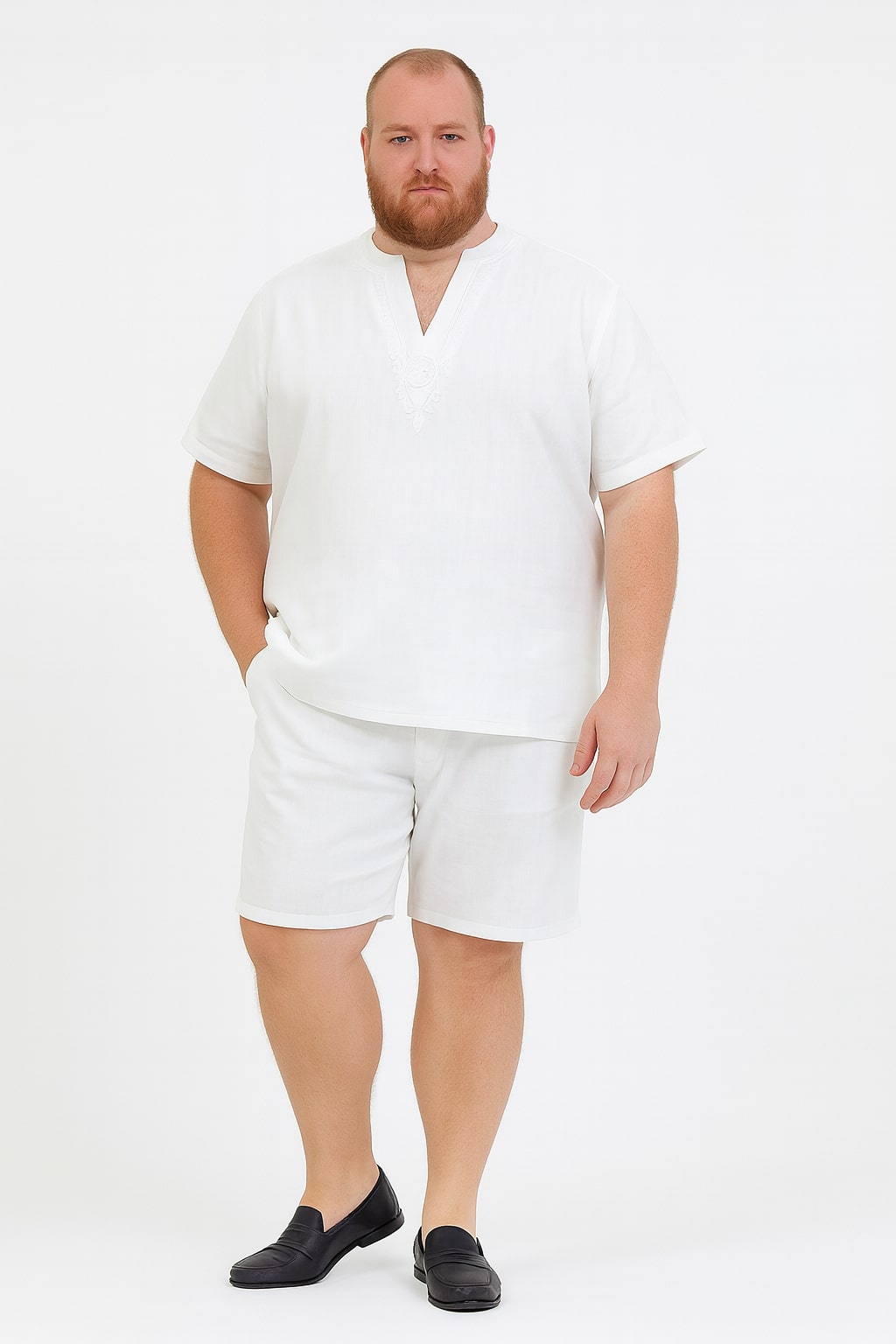 Mens White Embroidered Short Set  Casual Summer Outfit with V-Neck Shirt and Matching Shorts