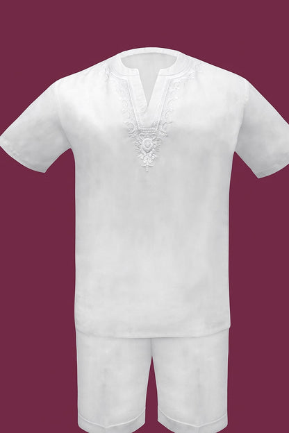 Mens White Embroidered Short Set  Casual Summer Outfit with V-Neck Shirt and Matching Shorts