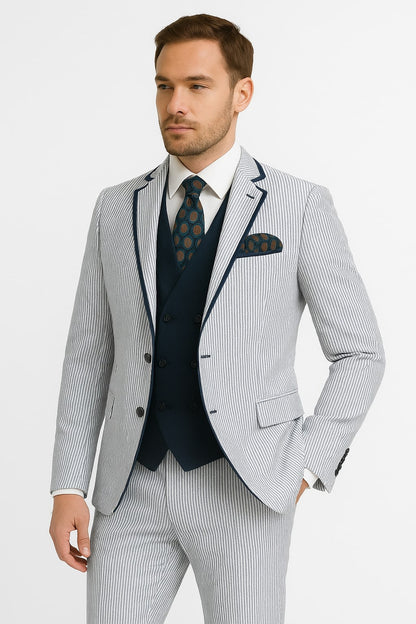 Men's White and Navy Pinstripe Suit with Contrast Trim  3-Piece Seersucker Style Set for Weddings and Summer Events