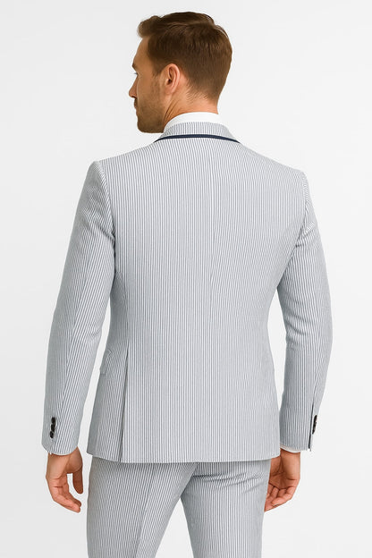 Men's White and Navy Pinstripe Suit with Contrast Trim  3-Piece Seersucker Style Set for Weddings and Summer Events