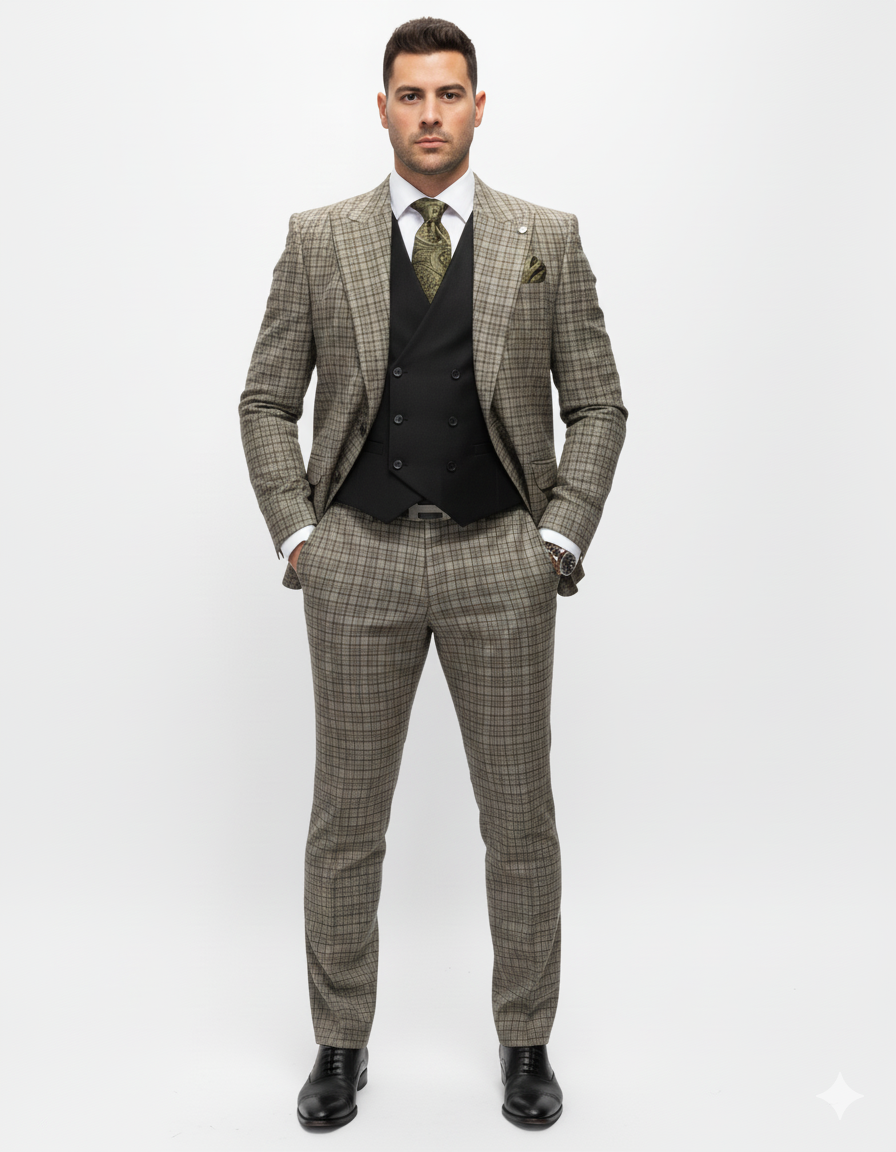 Statement Suits - Wool Suits - Peak Lapel Suits - Ticket Pocket - Modern Fit - Olive Suit